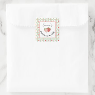 Quadratische essbare Erdbeere-Gingham-1.-Geburtsta Quadratischer Aufkleber