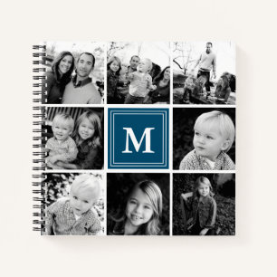 Quadratische Fotocollage Navy Blau Monogramm indiv Notizbuch