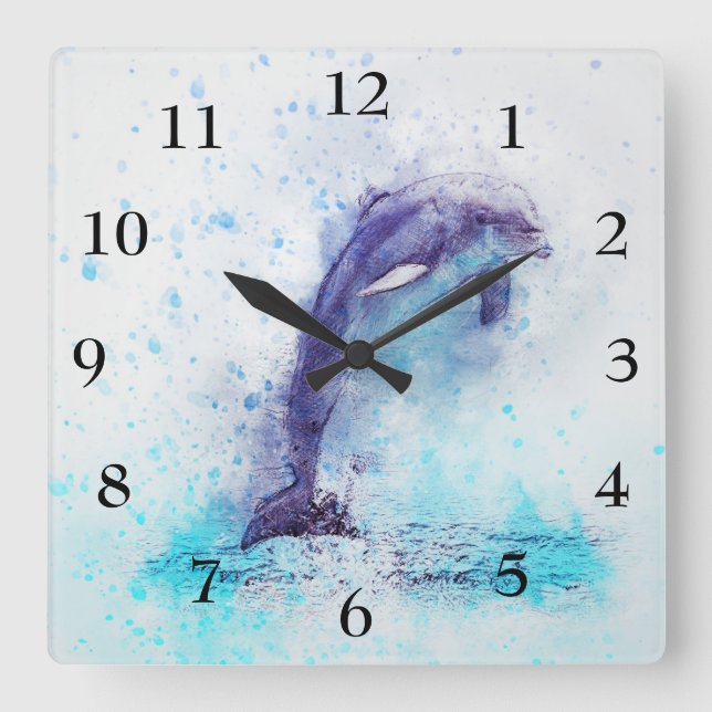 Quadratische Uhr mit einem schönen Delphin (Vorderseite)