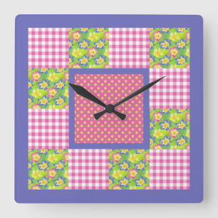 Quadratische Uhr: Rosa: Primeln, Punkte, Gingham Wanduhr