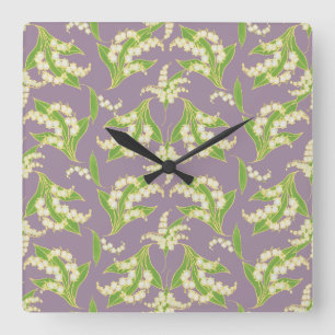 Quadratische Wanduhr: Maiglöckchen auf Mauve Wanduhr