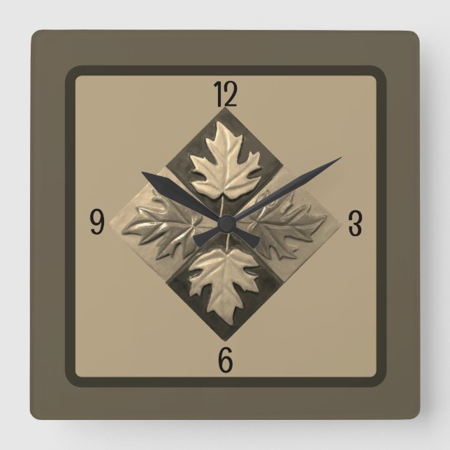 Quadratische Wanduhr mit Ahorn-Blätter Sepia (Vorderseite)