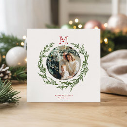 Quadratische Weihnachtskarte mit Foto, Kranz-Monog Feiertagskarte