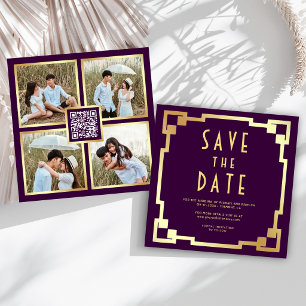 Quadratischer Art Deco Rahmen Lila Gold QR Code Ho Save The Date