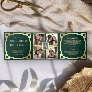Quadratischer Art Deco Rahmen Smaragd Gold QR Code Dreifach Gefaltete Einladung