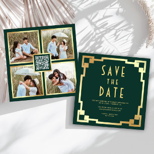 Quadratischer Art Deco Rahmen Smaragd-Gold QR-Code Save The Date