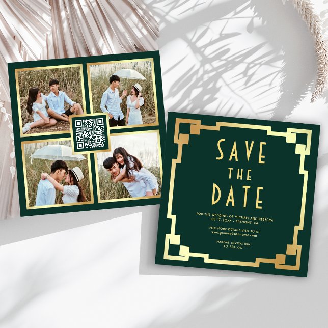 Quadratischer Art Deco Rahmen Smaragd-Gold QR-Code Save The Date (Von Creator hochgeladen)