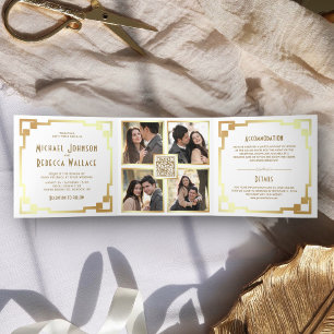 Quadratischer Art Deco Rahmen Weiß Gold QR Code Ho Dreifach Gefaltete Einladung
