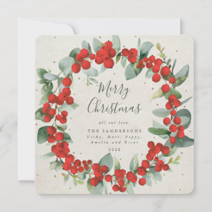 Quadratischer Weihnachtskranz mit roten Beeren + E Feiertagskarte
