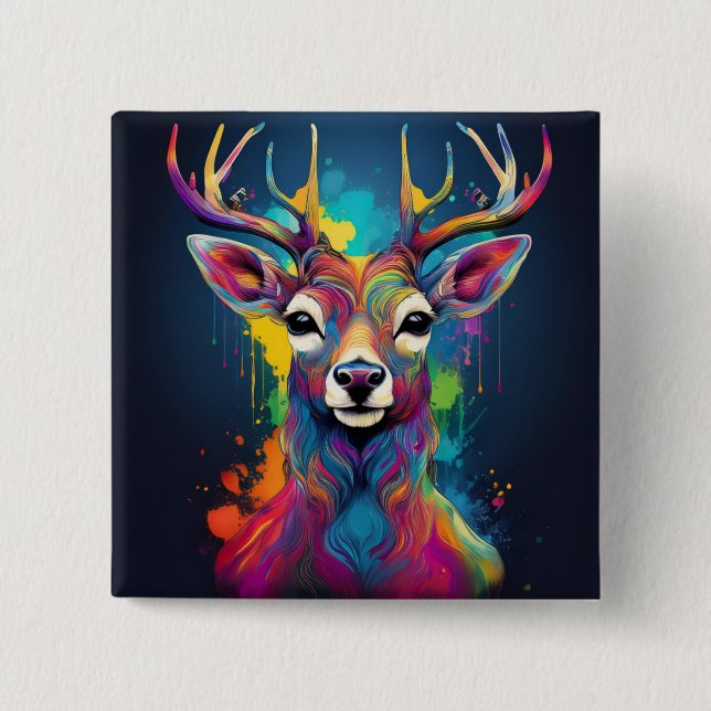 Quadratisches Abzeichen - Das bunte Hirsch-Kunstwe Button (Vorderseite)