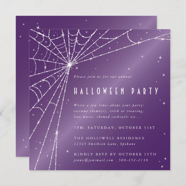 Quadratisches Lila Sparkling Spider Web-Halloween- Einladung (Vorne/Hinten)