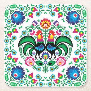 Quadratisches polnisches Hahn-Muster Rechteckiger Pappuntersetzer