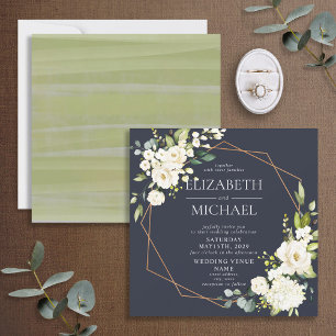 Quadratzellkupfer Geometrie Navy Blue White Floral Einladung