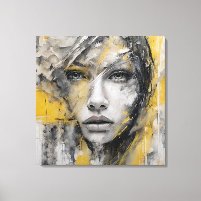 Quadro abstrato rosto de mulher amarelo e cinza leinwanddruck (Vorderseite)