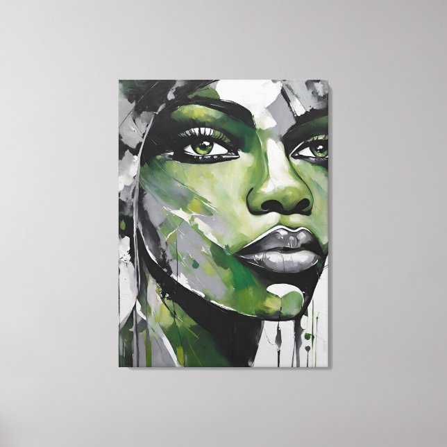 Quadro abstrato rosto de mulher verde cinza, preto leinwanddruck (Vorderseite)