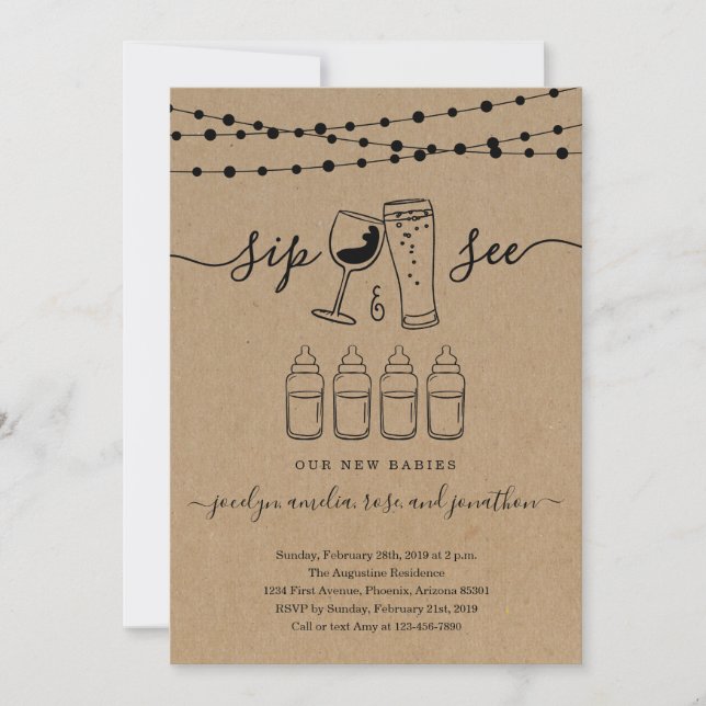 Quadruplets Sip & See Wine & Biertoast Einladung (Vorderseite)