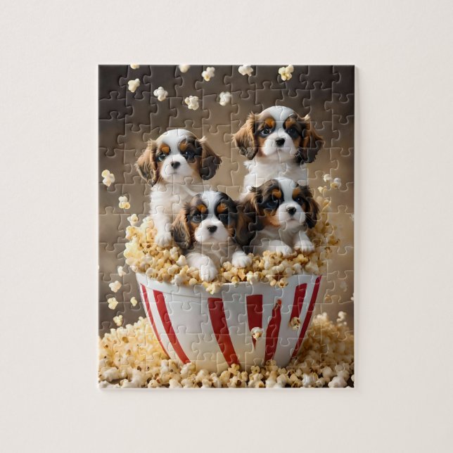 Quads Cavalier Spaniel Welpen im Popcorn, Puzzle (Vertikal)