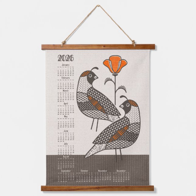 Quail and Poppy 2026 Calendar ©studioxtine Wandteppich Mit Holzrahmen (Vorderseite)