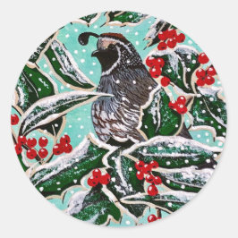 Quail in Weihnachten Holly! Runder Aufkleber