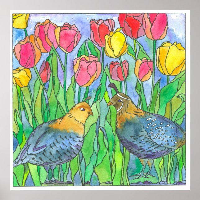 Quail Pink Tulips Bird Wasserfarbe Malerei Poster (Vorne)