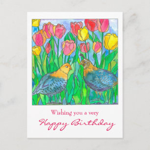 Quail Tulip Garden Happy Birthday Postkarte