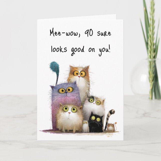 Quaint Cats with Big Eyes 90th Birthday Greeting Karte (Vorderseite)