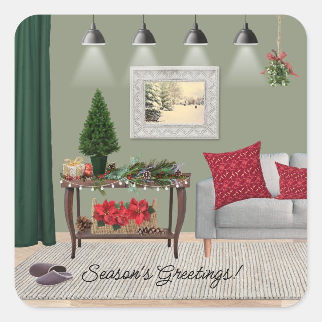 Quaint Christmas Scene Quadratischer Aufkleber (Vorderseite)