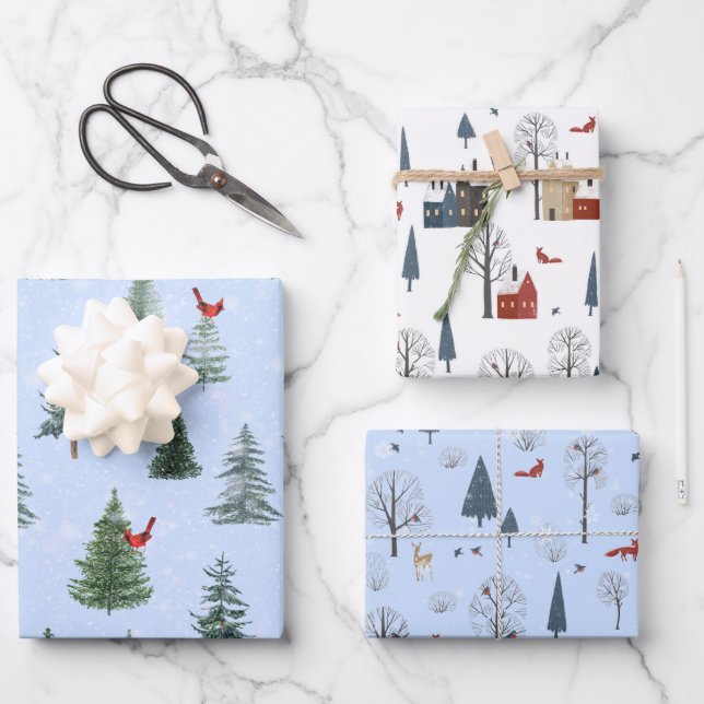 Quaint Country Woodland Szene Set 3 Geschenkpapier Set (Vorderseite)