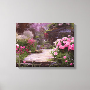 Quaint Floral Get-a-Way mit einem Teich Leinwanddruck
