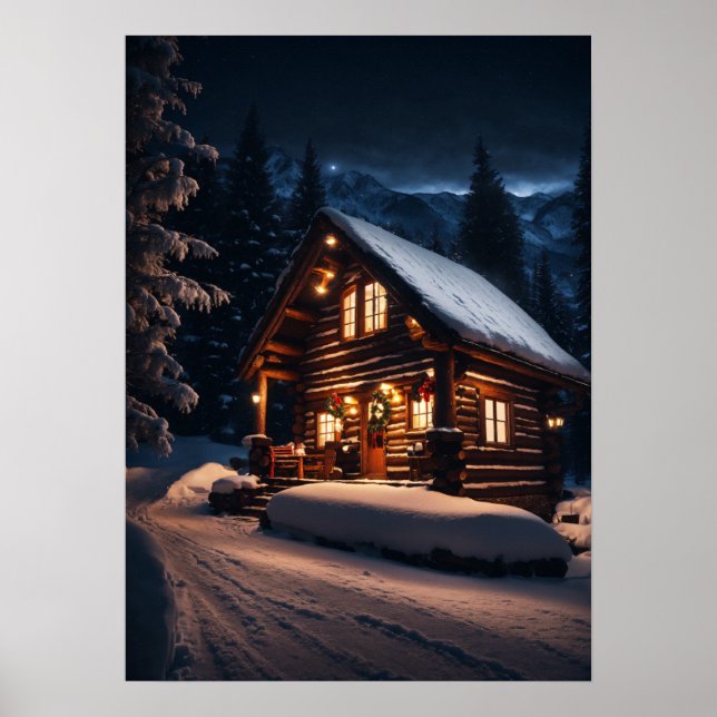 Quaint Mountain Log Cabin - Ein gemütliches Weihna Poster (Vorne)