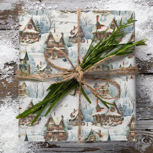 Quaint Rustic Snow Covered Viktorianische Hütten Geschenkpapier