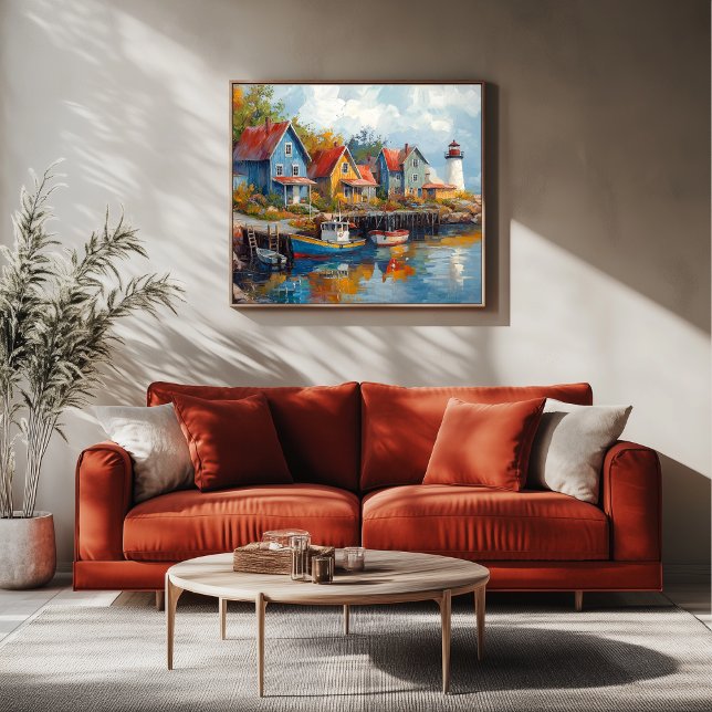 Quaint Seaside Fishing Village Leinwanddruck (Fishing Village Artwork)