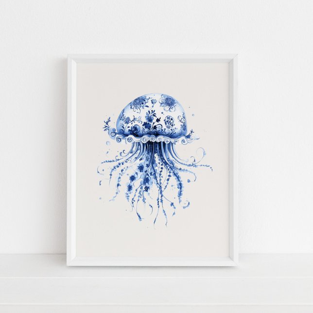 Quallen - Coastal Blue on Beige Wall Art Poster (Jellyfish – Coastal Blue on Beige Wall Art in a white frame on the floor.)