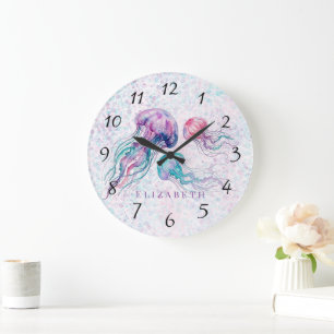 Quallen in Türkis und Lila Mädchen-Baby-Party Große Wanduhr