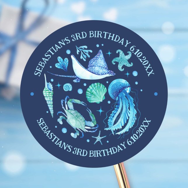 Quallen, Krebse, Meerestiere Wasserfarbe Runder Aufkleber (Jellyfish, Crab, Stingray Ocean Animals Watercolor Classic Round Sticker)