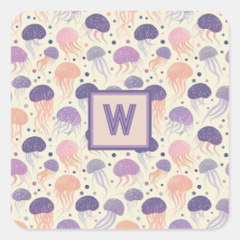 Quallen-Niedliche Pastel Lila und Orange Monogramm Quadratischer Aufkleber