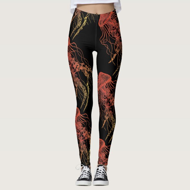 Quallen orange, rote, gelbe schwarze Leggings (Vorderseite)