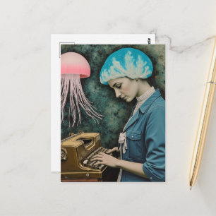 Quallen und eine Schreibmaschinen-Surrealistin Postkarte