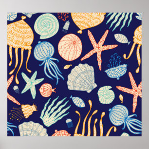 Quallenfische Muscheln Algenmuster Poster