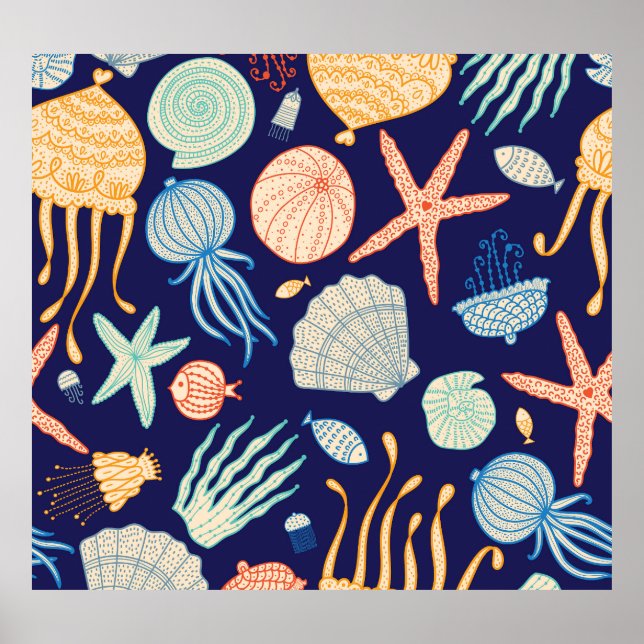 Quallenfische Muscheln Algenmuster Poster (Vorne)