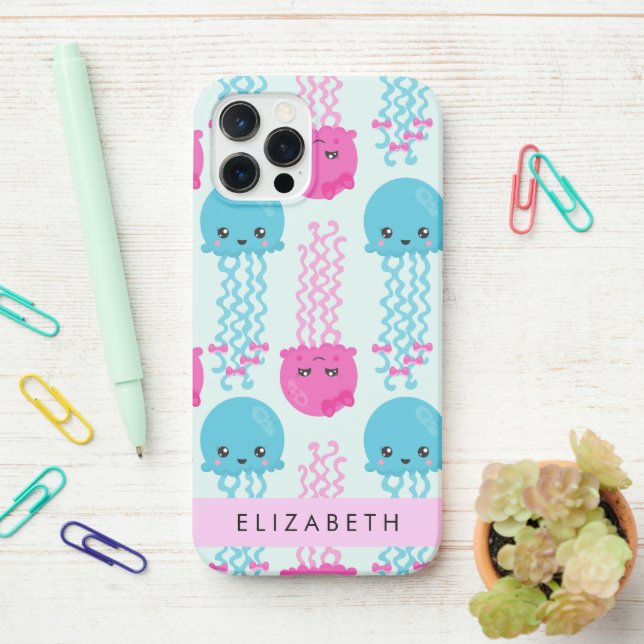 Quallenmuster, Niedliche Quallen, Meer, Ihr Name iPhone Hülle (Auf dem Schreibtisch)