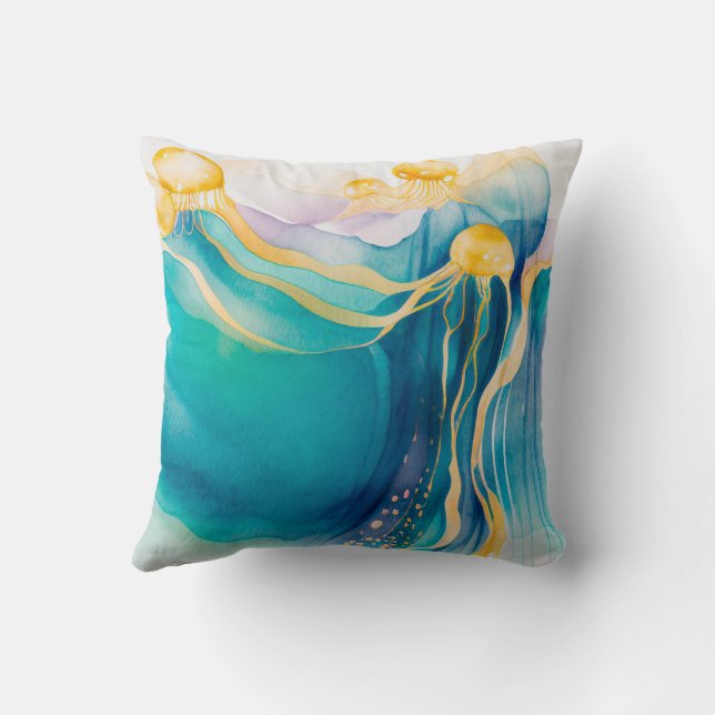 Quallenwasserfarbe aquamarin Goldkissendecke Kissen (Rückseite)