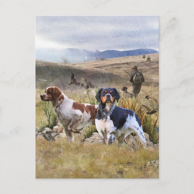 Quantenjagd mit Spaniels aus der Bretagne, Art Postkarte (Vorderseite)