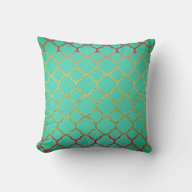 Quatrefoil Aquamarin Blue Gold Seafoam Green Red Kissen (Vorderseite)