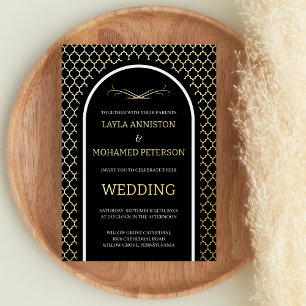Quatrefoil Black Gold Wedding Morrocan Modern Folieneinladung