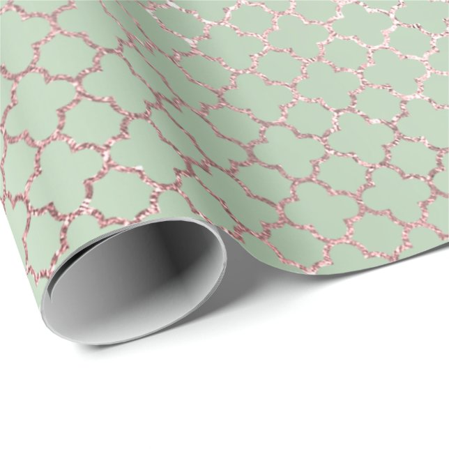 Quatrefoil Glam Pink Rose Mint Green Bridal Shiny Geschenkpapier (Rolleneckpunkt)