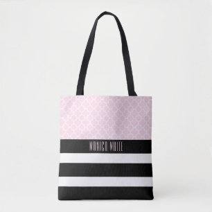 Quatrefoil Monogramm-Rosa-Schwarz-weiße Streifen