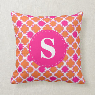 Quatrefoil Muster-Orange u. Pink mit Monogramm Kissen