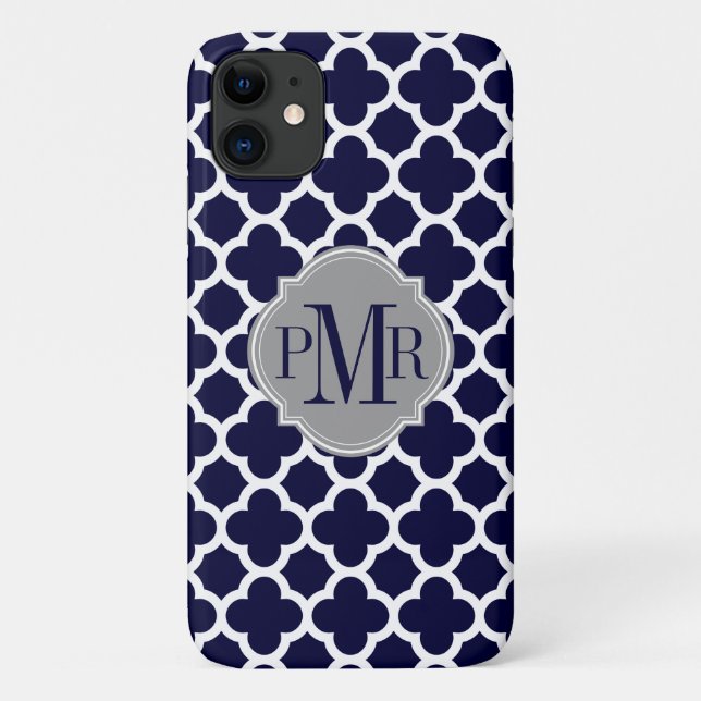 Quatrefoil Navy Blaues Muster Grau Monogramm Case-Mate iPhone Hülle (Rückseite)