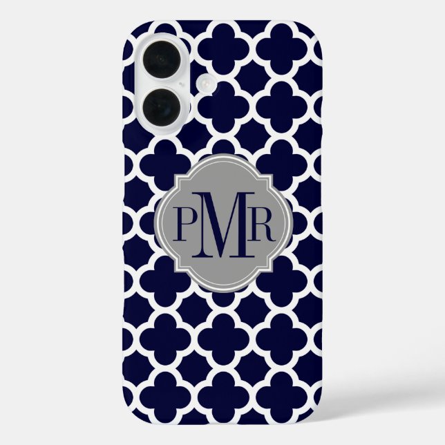 Quatrefoil Navy Blaues Muster Grau Monogramm Case-Mate iPhone Hülle (Rückseite)